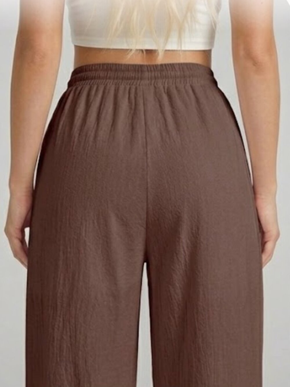 100% Cotton Drawstring Waist Wide Leg Pants Brown - Picture 4 of 5